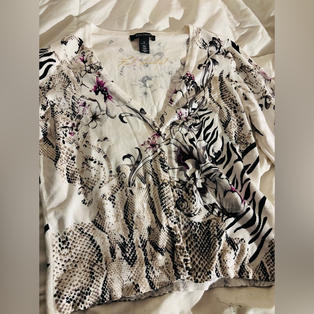 WHITE HOUSE BLACK MARKET, Floral Zebra Snakeskin Print Snap Cardigan Sweater, M - Picture 2 of 6